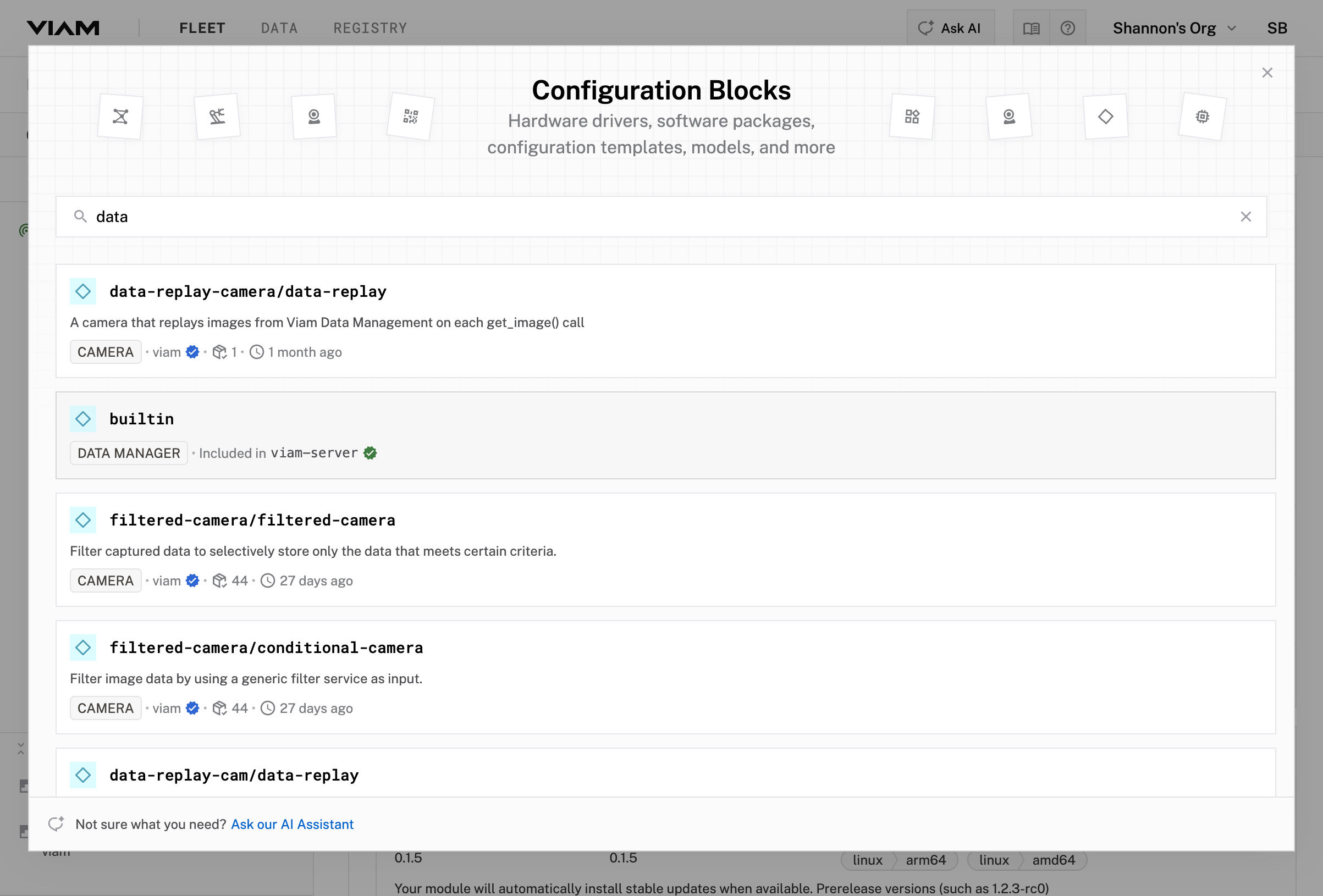 Configuration Blocks search dialog showing the builtin Data Manager service.
