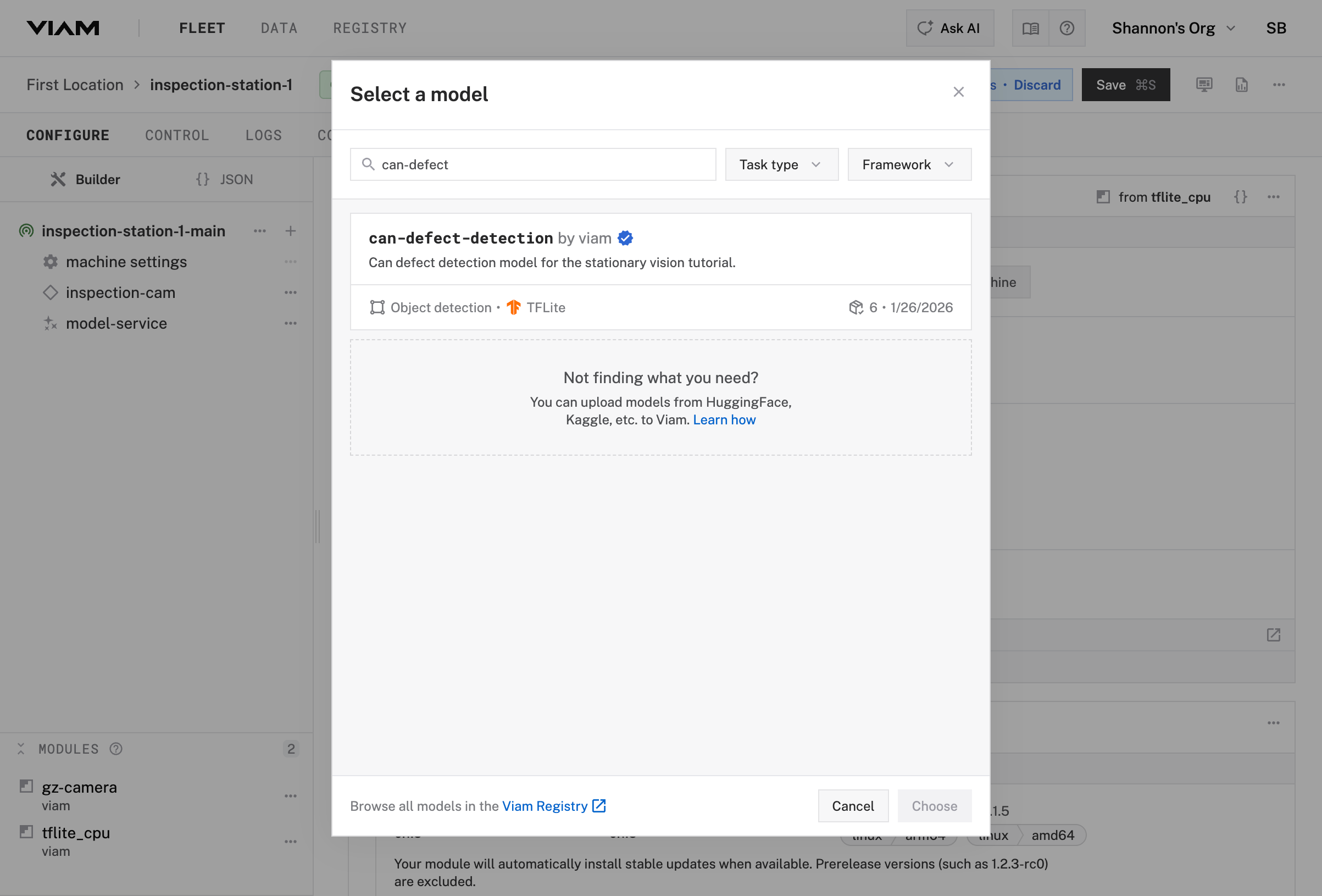 Select a model dialog showing the can-defect-detection model by Viam.